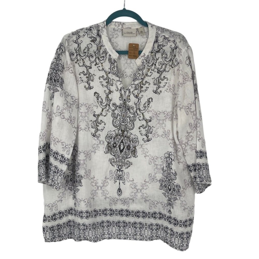 Chico’s 100% linen Jewel Embellished Tunic top sz 2 L Thirty Unforgettable Years